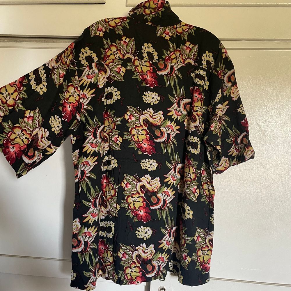 Protest men's rayon black Hawaiian‎ ukulele button up short sleeve shirt XL